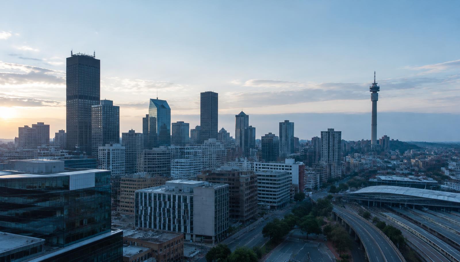 Johannesburg business district skyline in early morning light