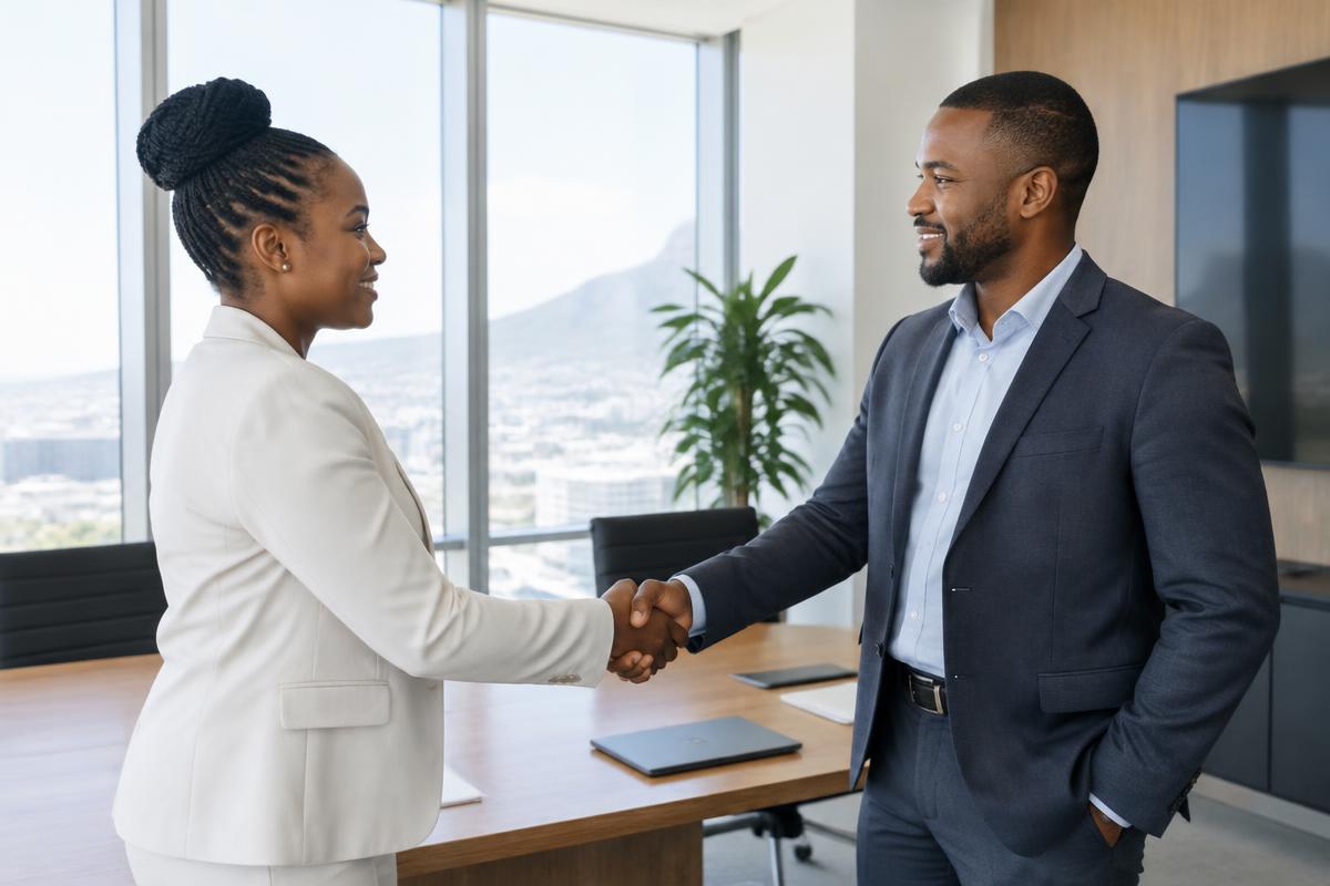 Two business professionals shaking hands in a bright office