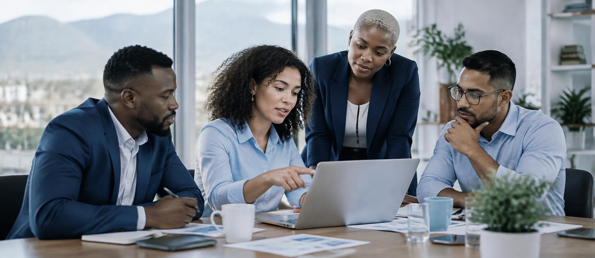 A small business team reviewing documents together around a laptop