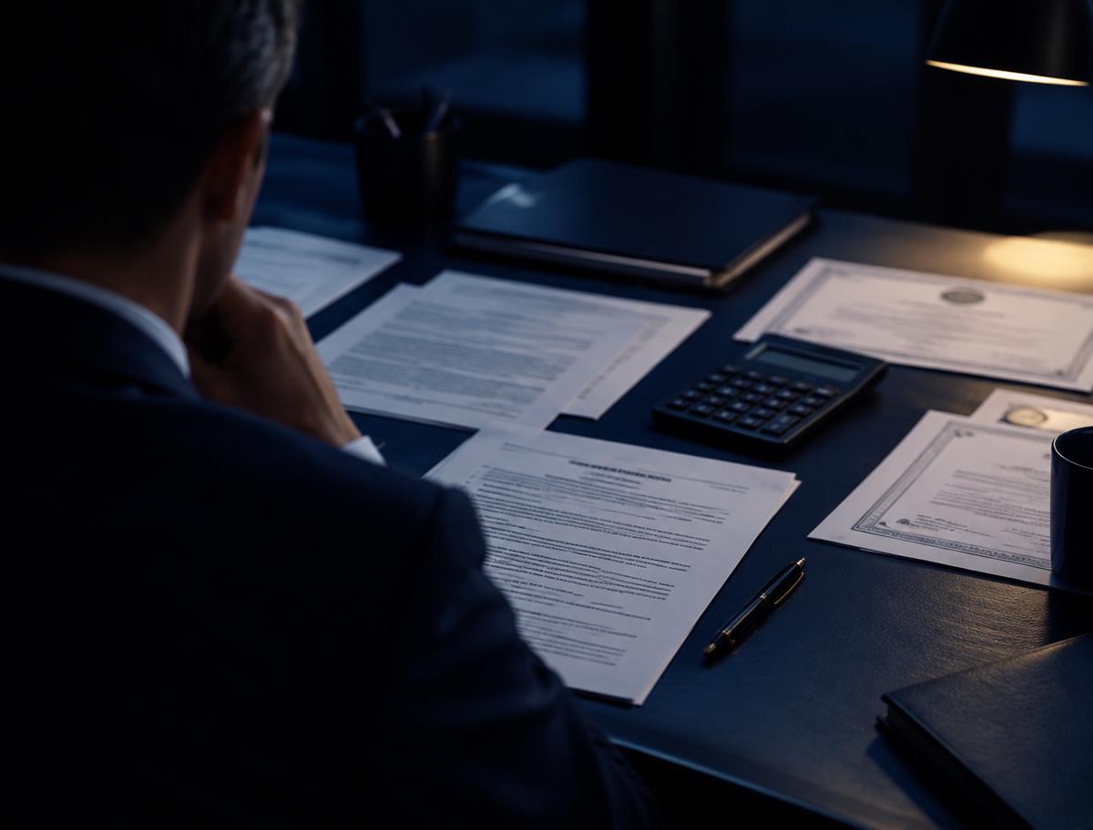 A desk covered with tender paperwork, certificates and a calculator