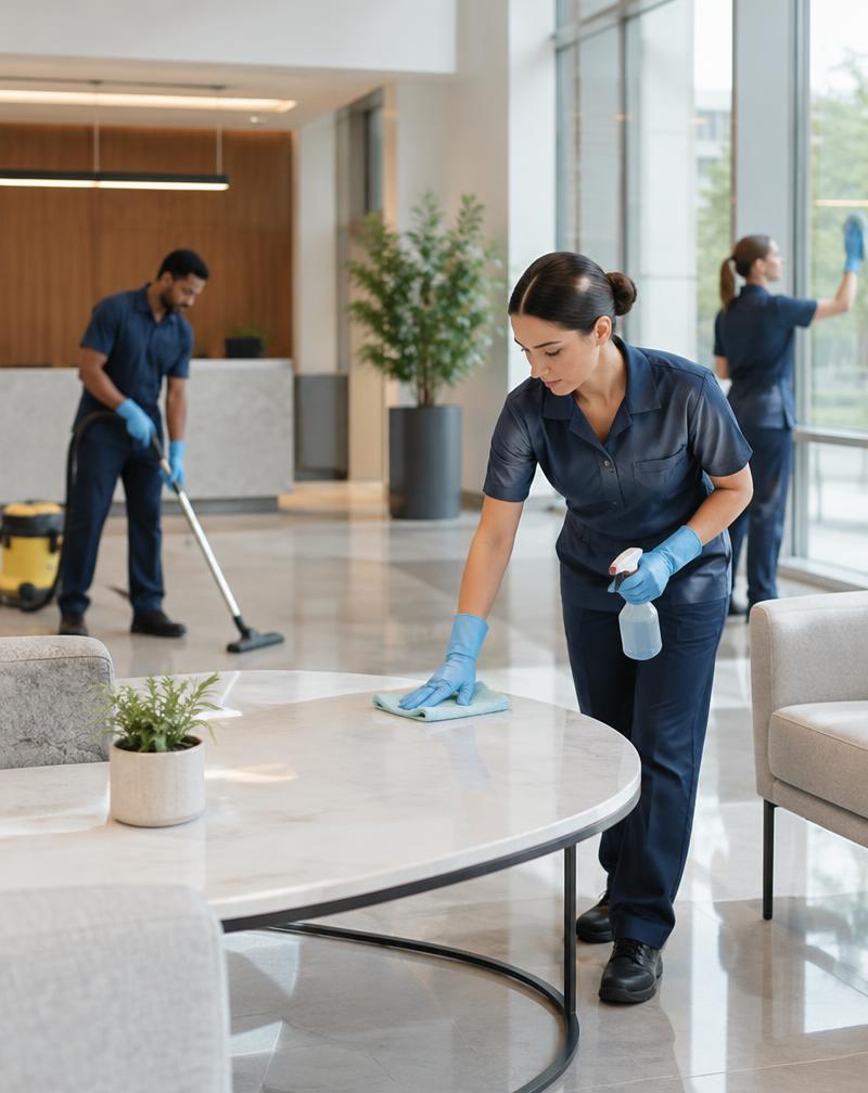 Cleaning staff working in an office lobby