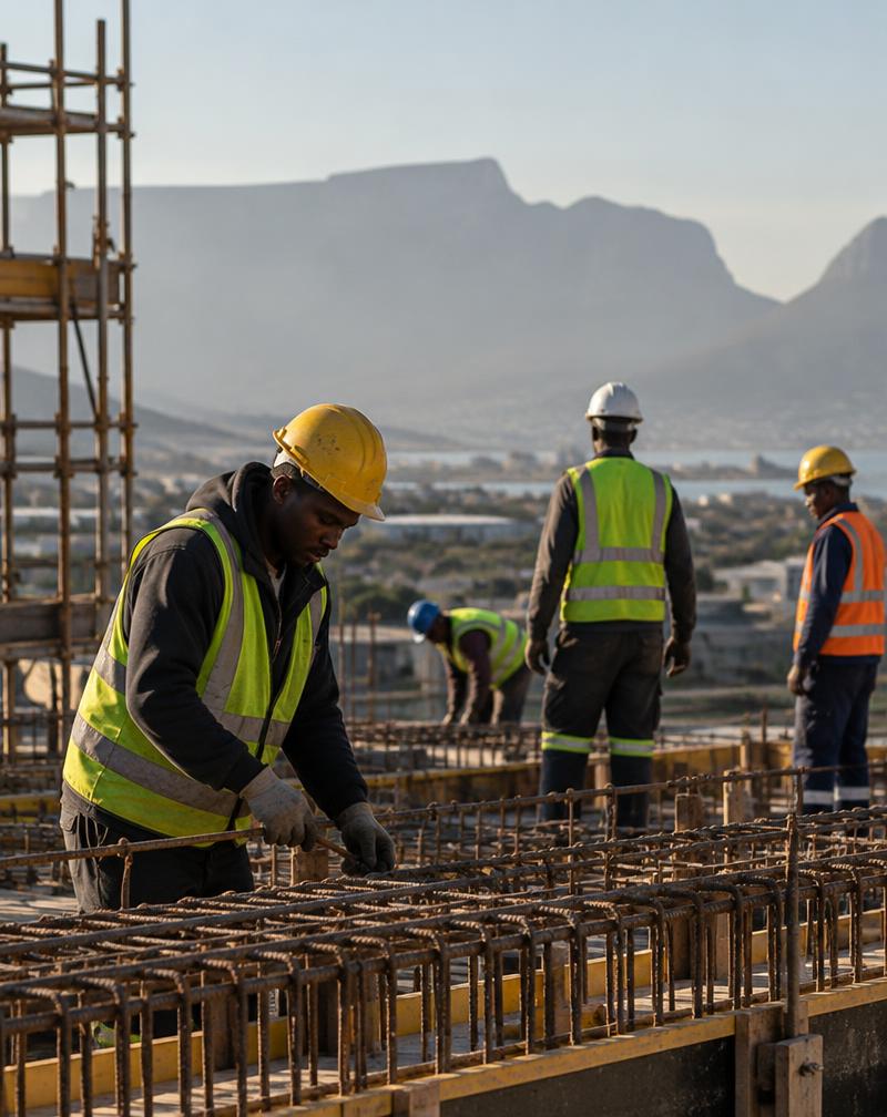 Construction workers in hard hats on a building site